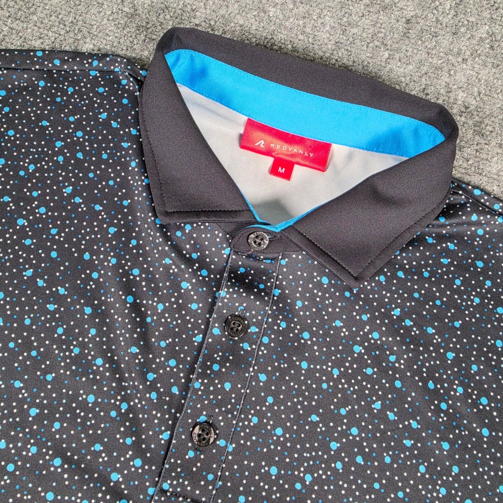 REDVANLY Polo Shirt Mens M Black Blue Dot Print Short Sleeve Golf Athletic